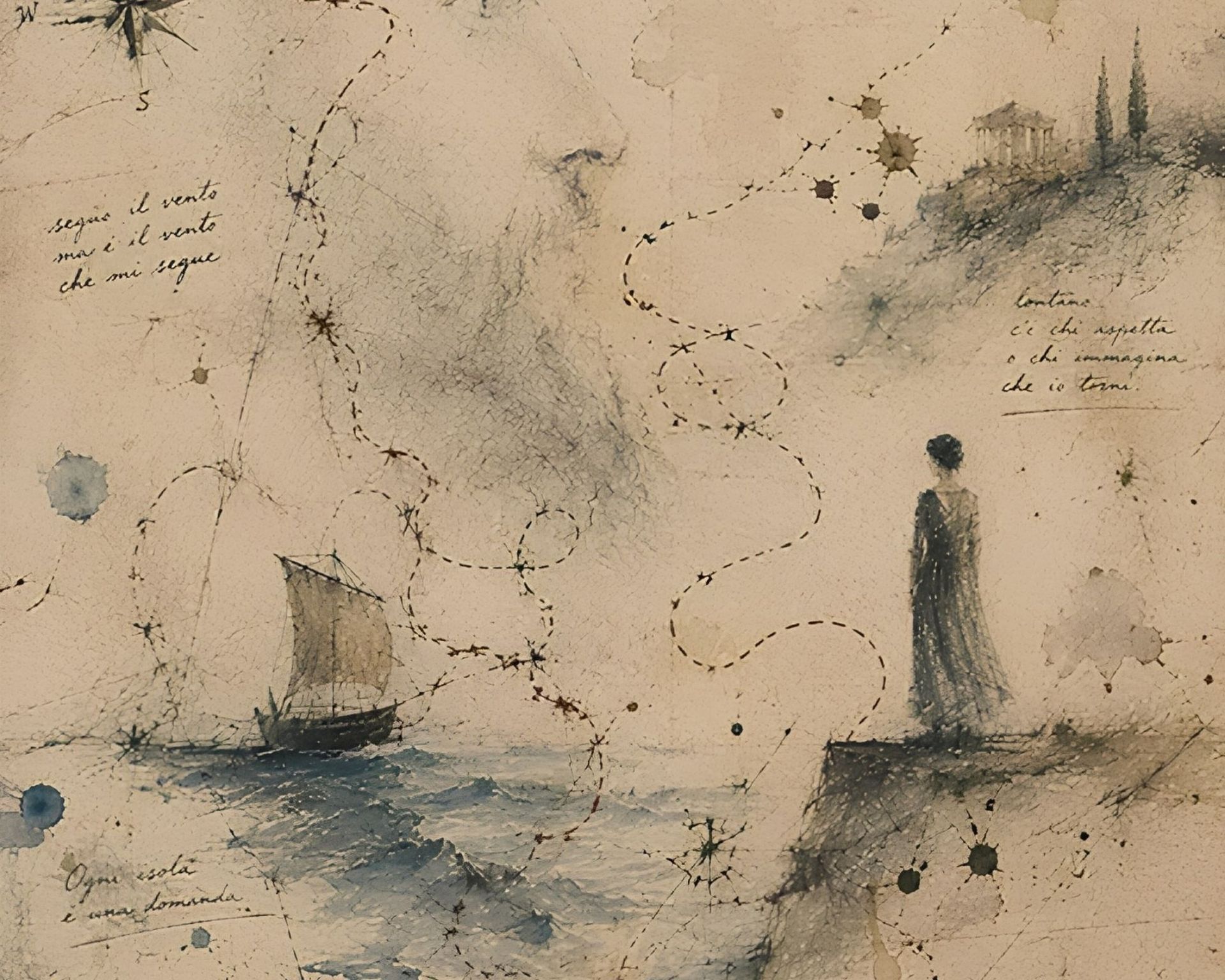 Disegno donna che guarda una barca a vela